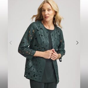 Chico’s Elegant Travelers Collection Faux Leather Floral Jacket Size 3 or XL